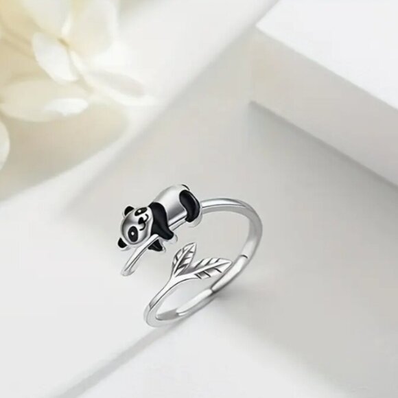 Women's Fashion Black & Silver accents Panda Finger Ring Adjustable One size - Picture 3 of 4